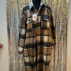 Womens "shacket" flannel pattern long jacket NWT womens size large brown and tan